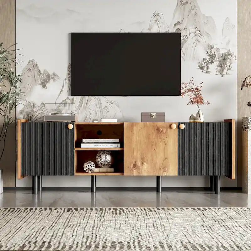 Mid Century TV Stand with 3 Cabinets,Media Console Table for TVs up to 70,Entertainment Center with Storage for Living room