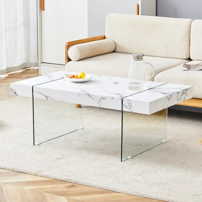 Rectangular Coffee Table with Tempered Glass Legs Wood Side Tables Wood Center Tables for Living Room Reception Room