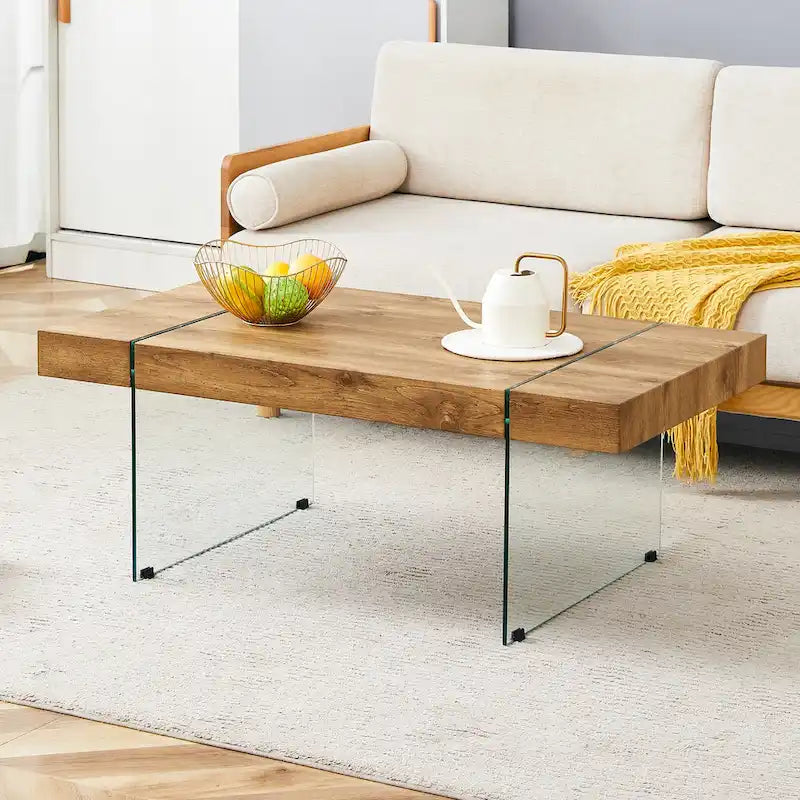 Rectangular Coffee Table with Tempered Glass Legs Wood Side Tables Wood Center Tables for Living Room Reception Room