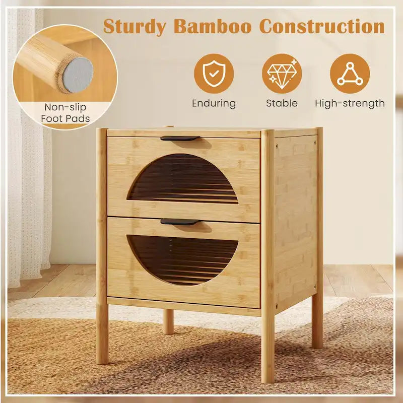 Costway 1/2 PCS Bamboo Nightstand with 2 Storage Drawers & Reeded