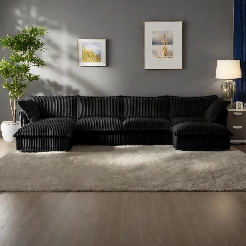 156.6 Corduroy U-Shape 4-Seater Sectional Sofa with Removable Slipcover, Deep Seat Design and French Edge Detailing