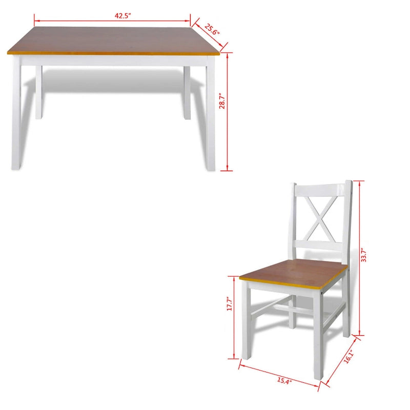 5pc Dining Table Set, 43 Inch Rectangular, 4 Chairs, Brown White Wood