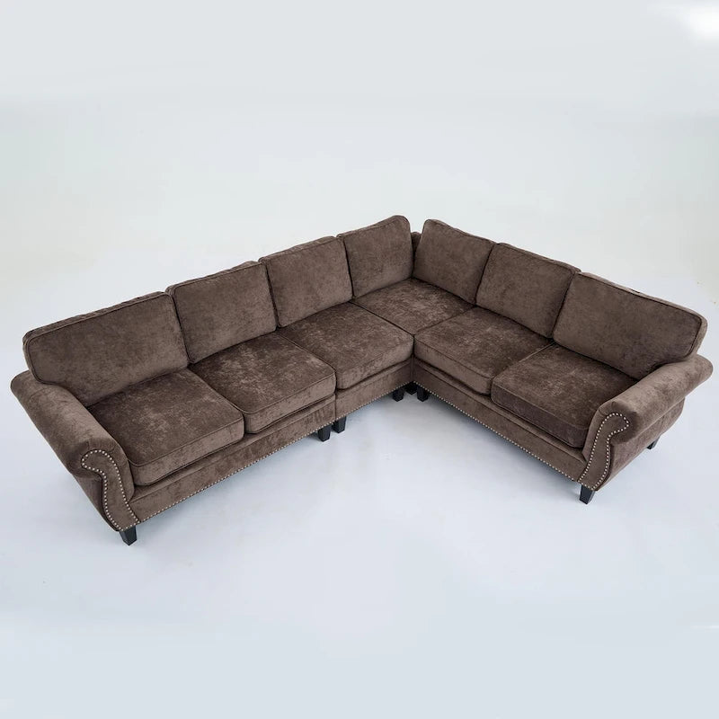 109.5 Chenille 6-Seater L-Shaped Sectional Sofa with Rivets Decorated Rolled Armrests,Cushions, and Wood Frame
