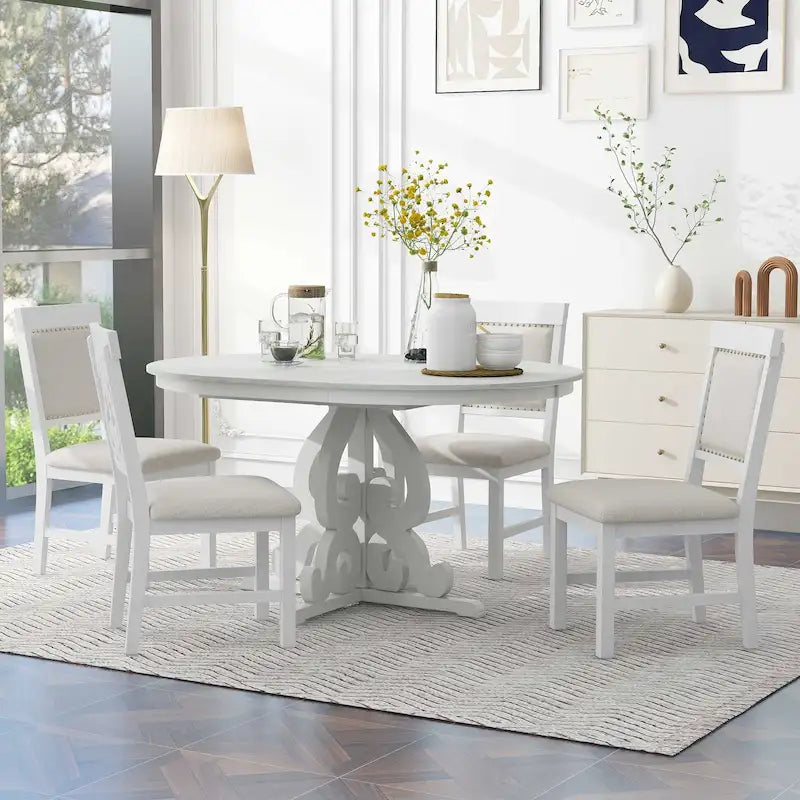Antique White Retro 5-Piece Wooden Dining Table Set with Extendable Table & 4 Chairs