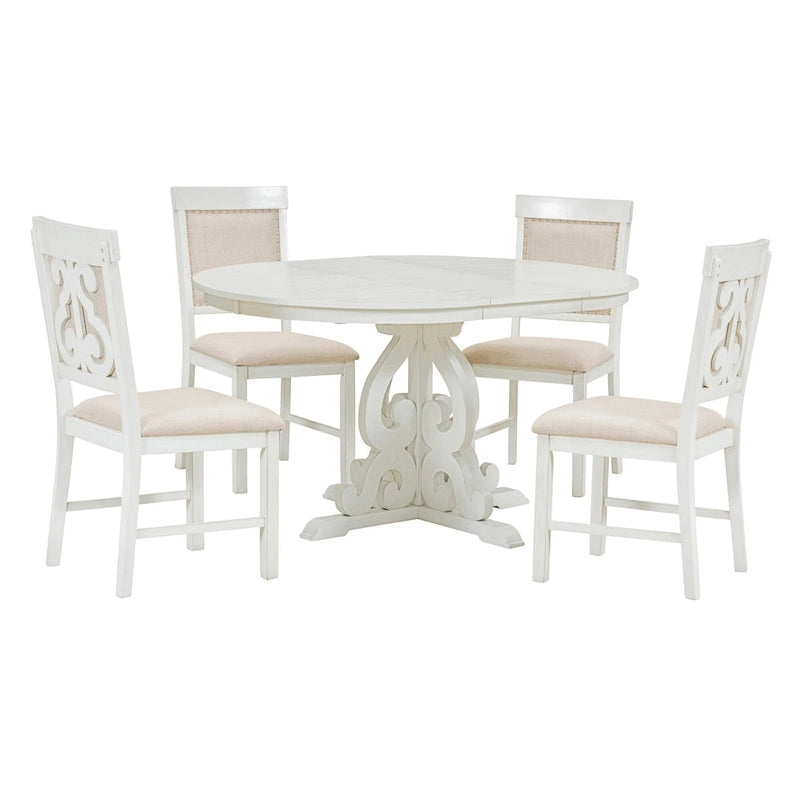 Antique White Retro 5-Piece Wooden Dining Table Set with Extendable Table & 4 Chairs