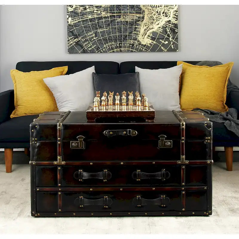 Faux Leather or Linen Fabric Trunk 2 Drawer Coffee Table with Buckle Hinged Top - Dark Blue or Brown - Roche River Decor