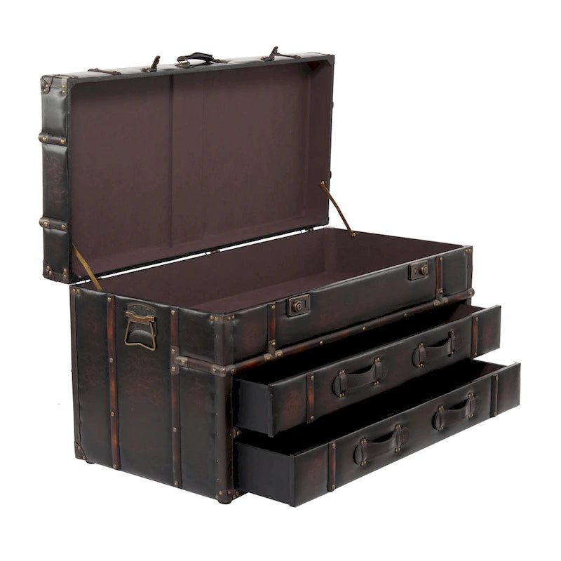 Faux Leather or Linen Fabric Trunk 2 Drawer Coffee Table with Buckle Hinged Top - Dark Blue or Brown - Roche River Decor