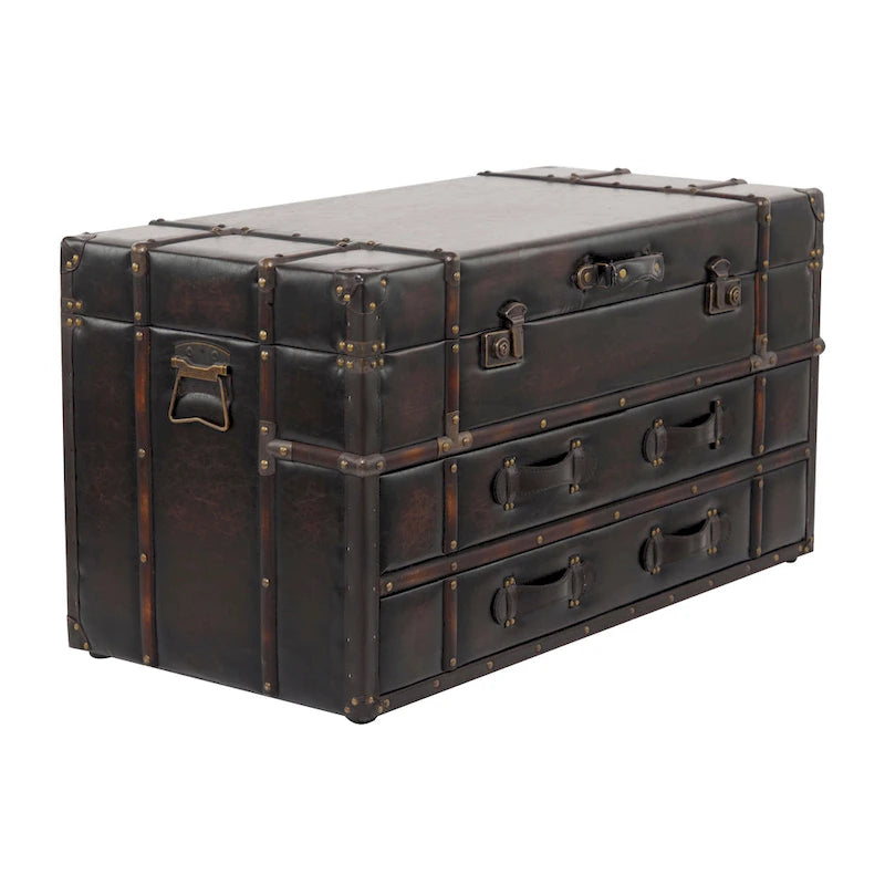 Faux Leather or Linen Fabric Trunk 2 Drawer Coffee Table with Buckle Hinged Top - Dark Blue or Brown - Roche River Decor