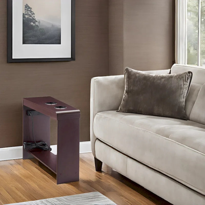 Narrow End Table with Charging Station - Side Table Nightstand with Storage, 2 Power Outlets & 2 USB Ports