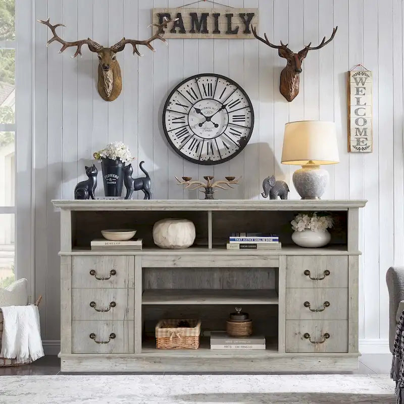 60W Retro TV Stand Entertainment Center, 2 Cabinets&Open Shelves - 60W*15.75D*34.25H