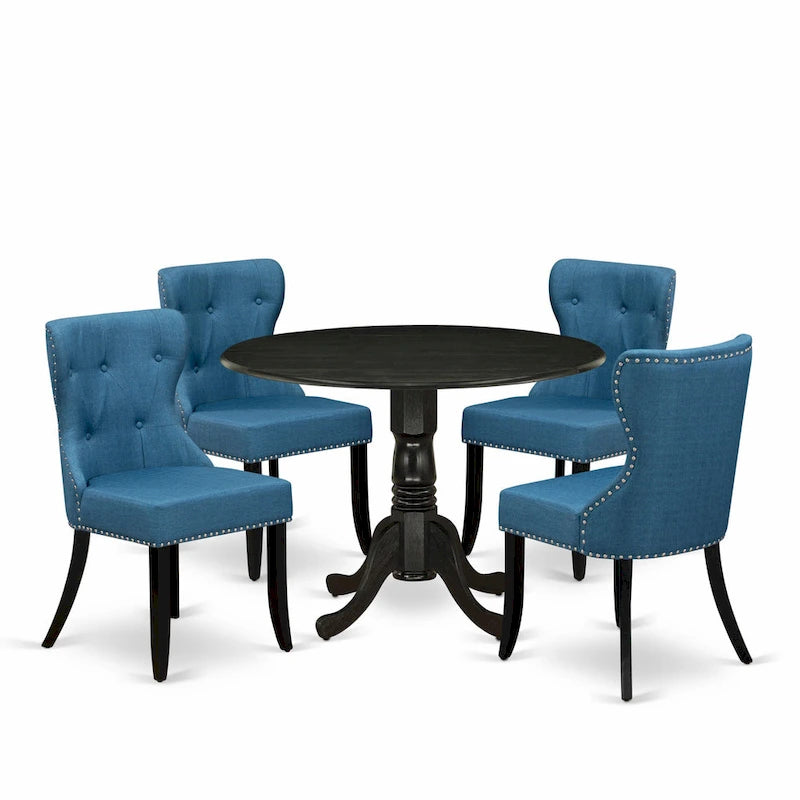 East West Furniture Kitchen Table Set- a Round Dining Table and Blue Linen Fabric Chairs, Wire brushed Black (Pieces Option)