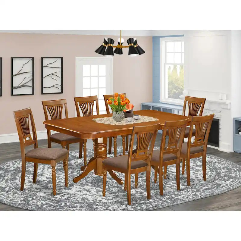East West Furniture 9 Piece Kitchen Table Set- a Rectangle Dining Table and 8 Dining Chairs, Saddle Brown (Seat Options)