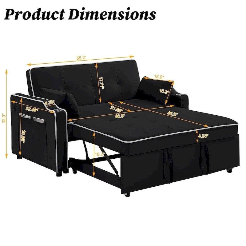 3 in 1 Convertible Sleeper Sofa Bed, Modern Velvet Loveseat Lounge Sofa with Pull-Out Bed