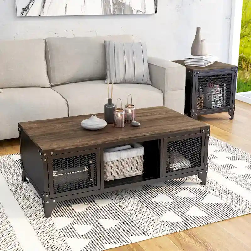 Conner Rustic Dark Walnut Steel 2-Piece Storage Coffee and End Table Set by Furniture of America