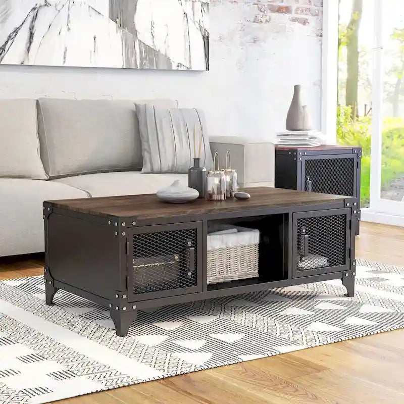 Conner Rustic Dark Walnut Steel 2-Piece Storage Coffee and End Table Set by Furniture of America