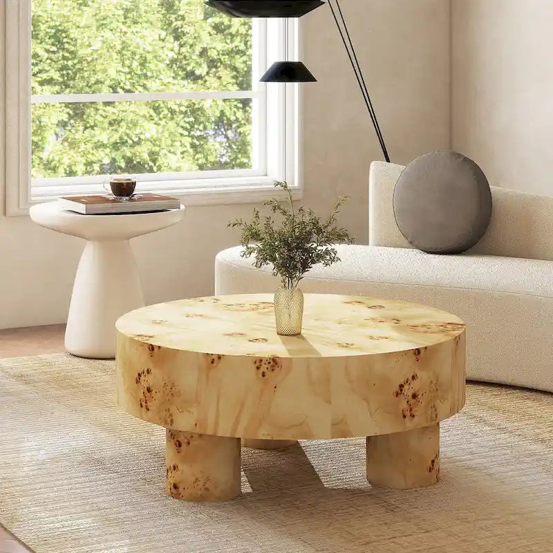 Nebula 35.5 Burl Wood Round Coffee Table with Pillar Legs