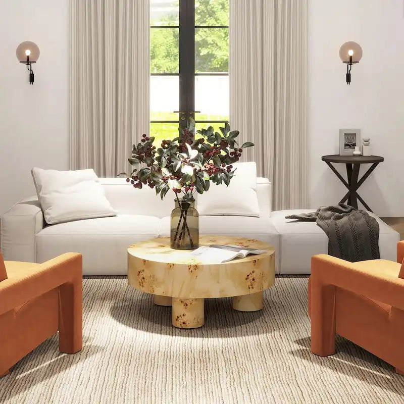 Burl Wood Round Coffee Table - 35.5 Inch - Natural Finish - 3 Pillar Legs