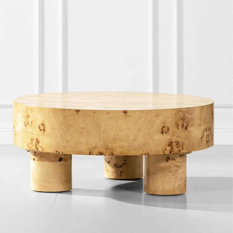 Burl Wood Round Coffee Table - 35.5 Inch - Natural Finish - 3 Pillar Legs