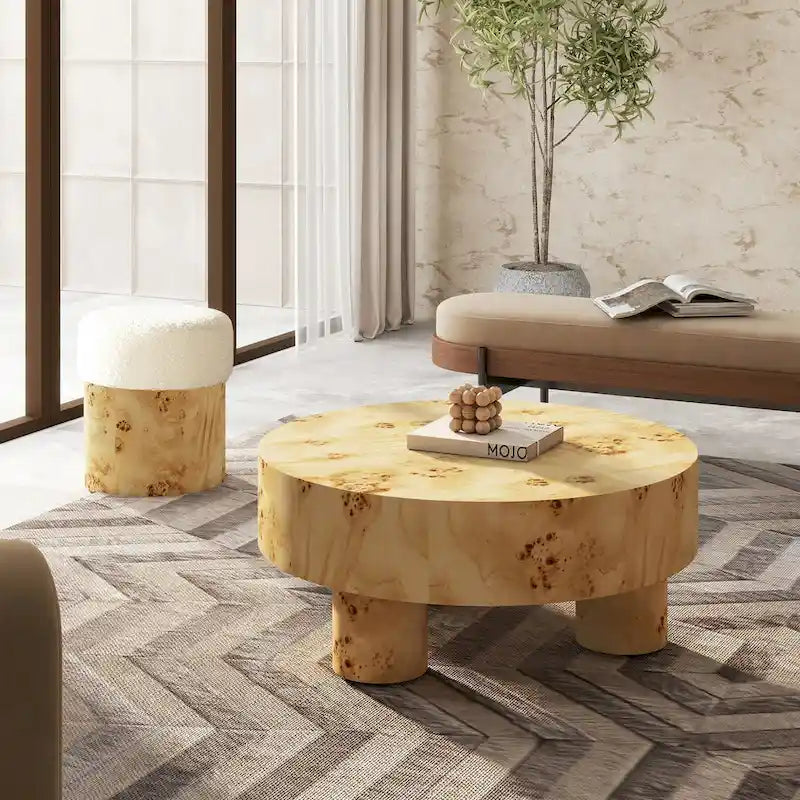 Burl Wood Round Coffee Table - 35.5 Inch - Natural Finish - 3 Pillar Legs