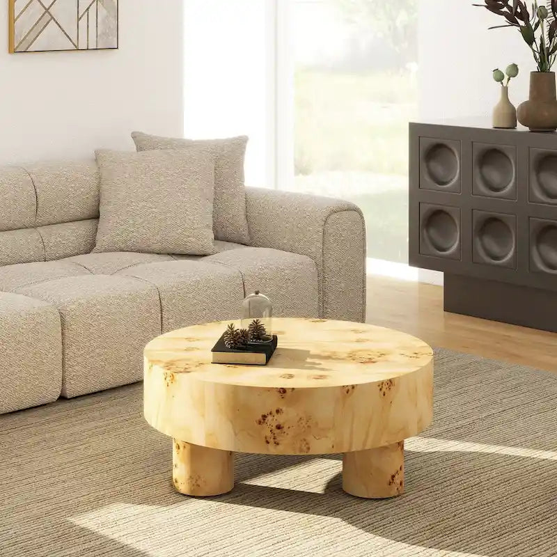 Burl Wood Round Coffee Table - 35.5 Inch - Natural Finish - 3 Pillar Legs