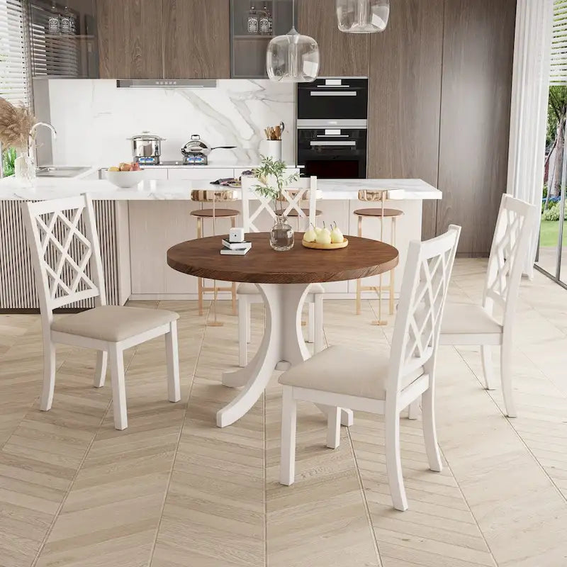 5-Piece Round Dining Table Set with Upholstered Chairs