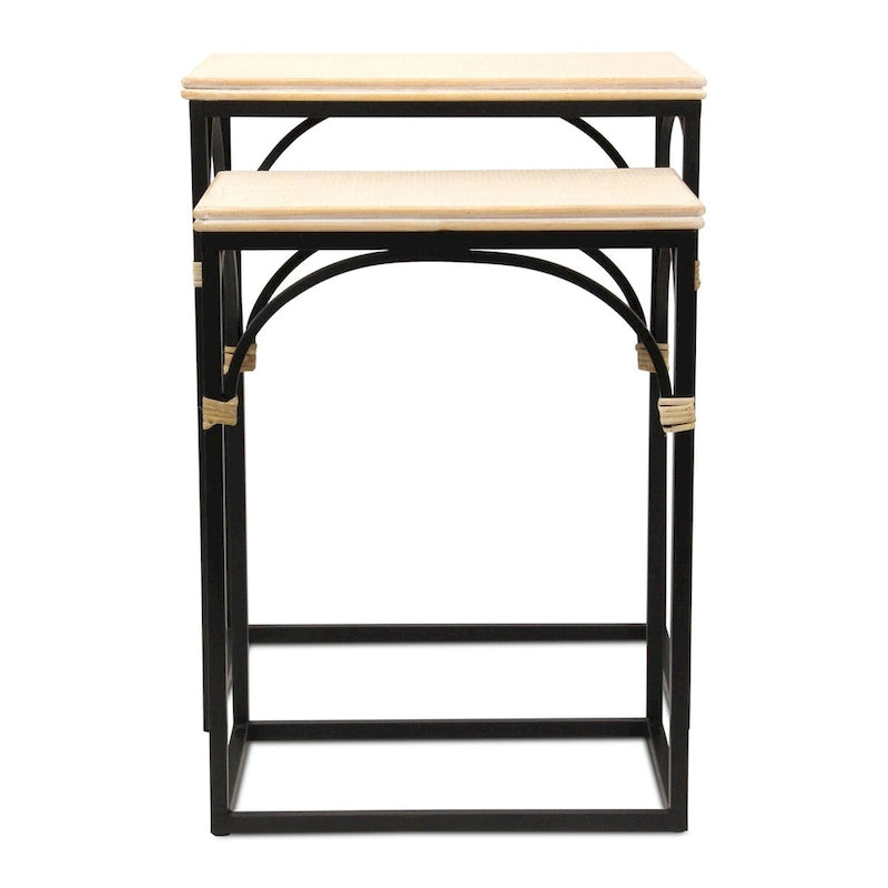 Claudette Set of 2 Rattan Accented Wood & Metal Rectangle Side Tables