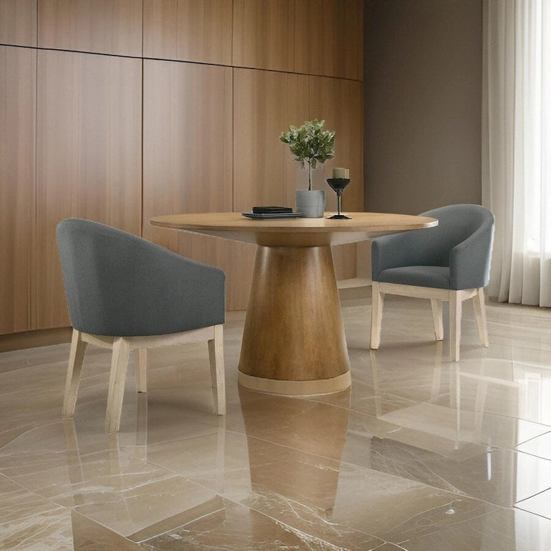 Yuvi 3 Piece Dining Table and Chair Set, Round, Barrel Seat, Brown, Gray