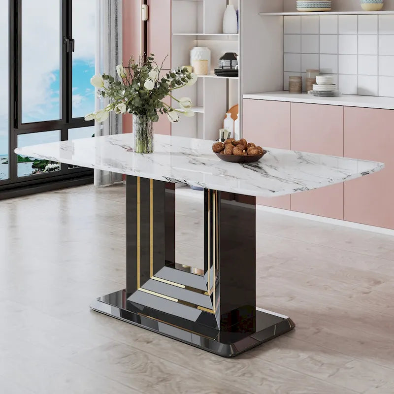 Dining table. White imitation marble pattern desktop. Black MDF table legs with gold lines and black base
