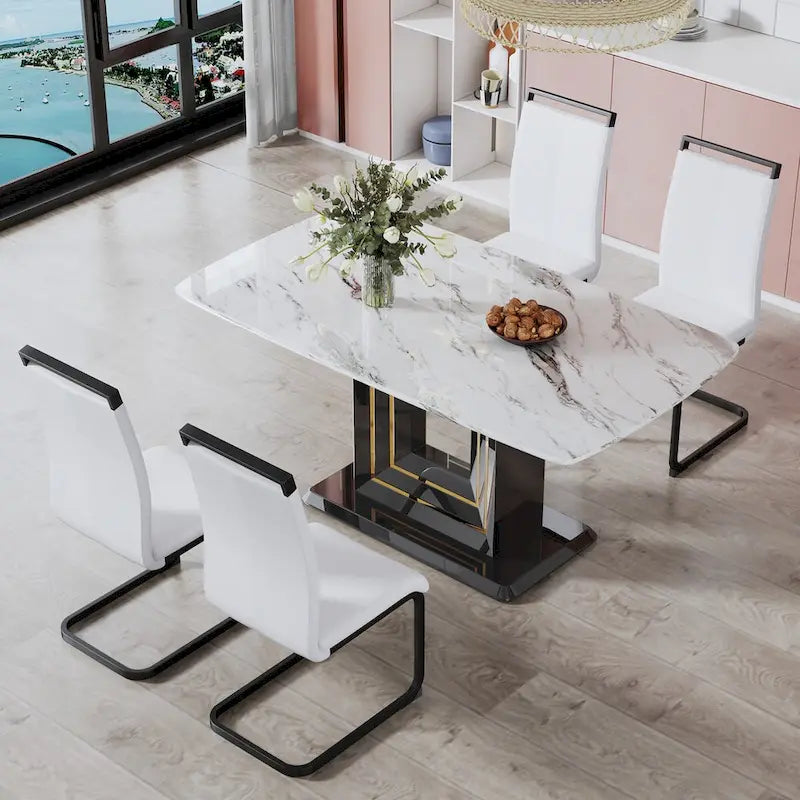 Dining table. White imitation marble pattern desktop. Black MDF table legs with gold lines and black base