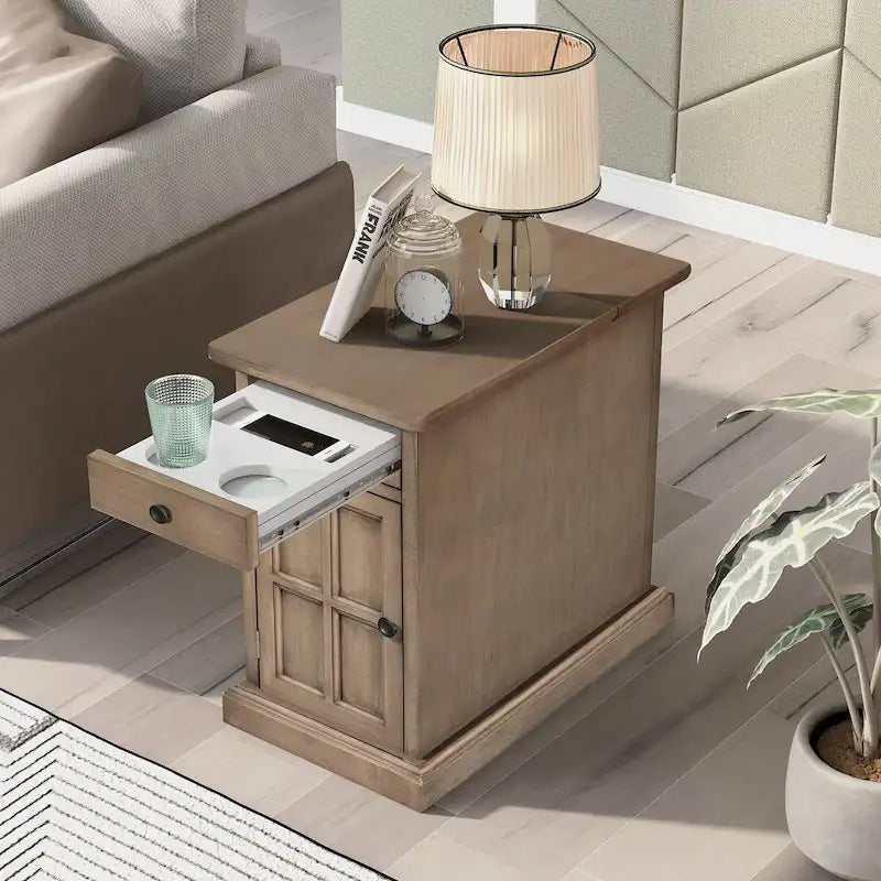 Classic Vintage Living Room End Table Side Table with USB Ports and One Multifunctional Drawer with Cup Holders