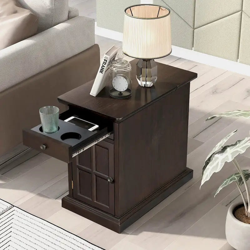 Classic Vintage Living Room End Table Side Table with USB Ports and One Multifunctional Drawer with Cup Holders