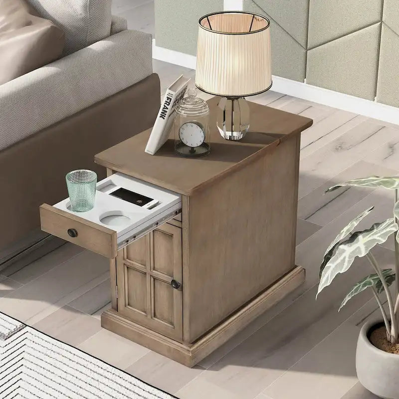Classic Vintage Living Room End Table Side Table with USB Ports and One Multifunctional Drawer with Cup Holders