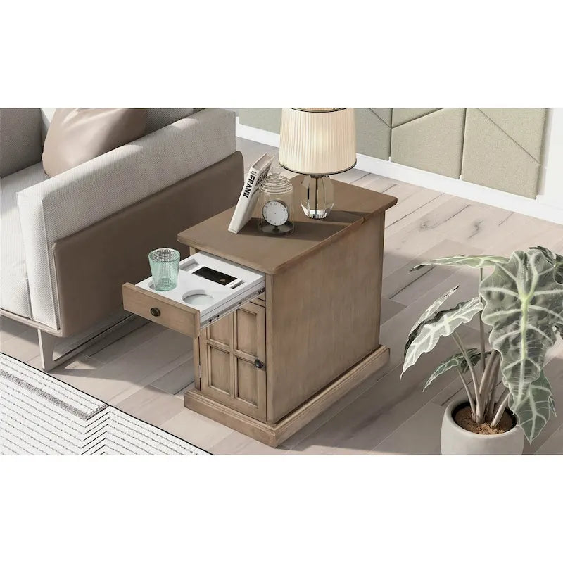Classic Vintage Living Room End Table Side Table with USB Ports and One Multifunctional Drawer with Cup Holders